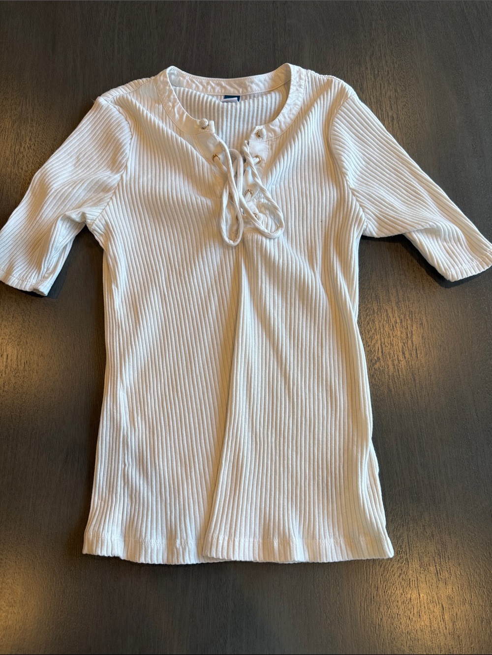 Old Navy White Ribbed Lace-Up Short Sleeve Tee